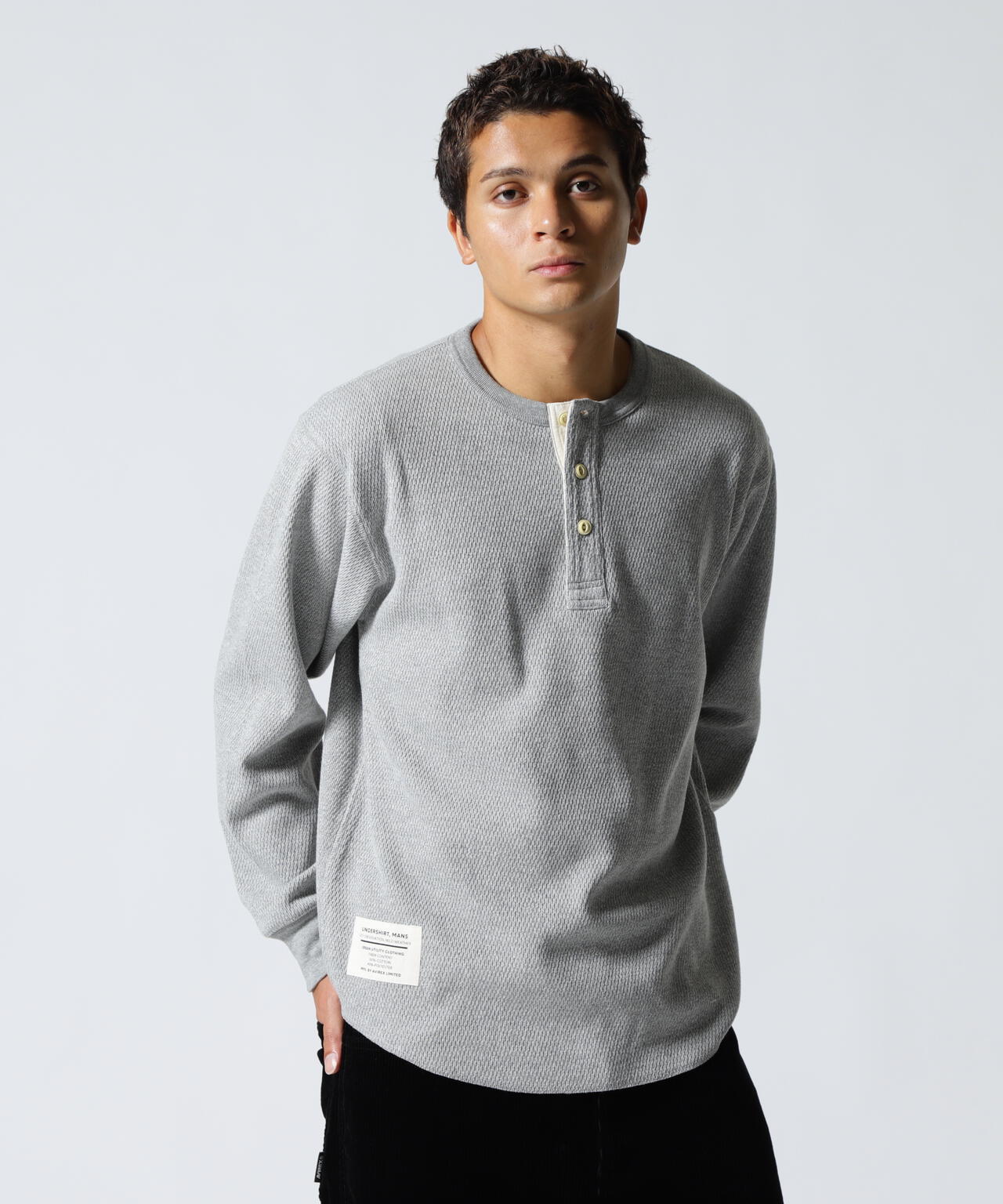 HONEYCOMB WAFFLE L/S HENLEY NECK T-SHIRT