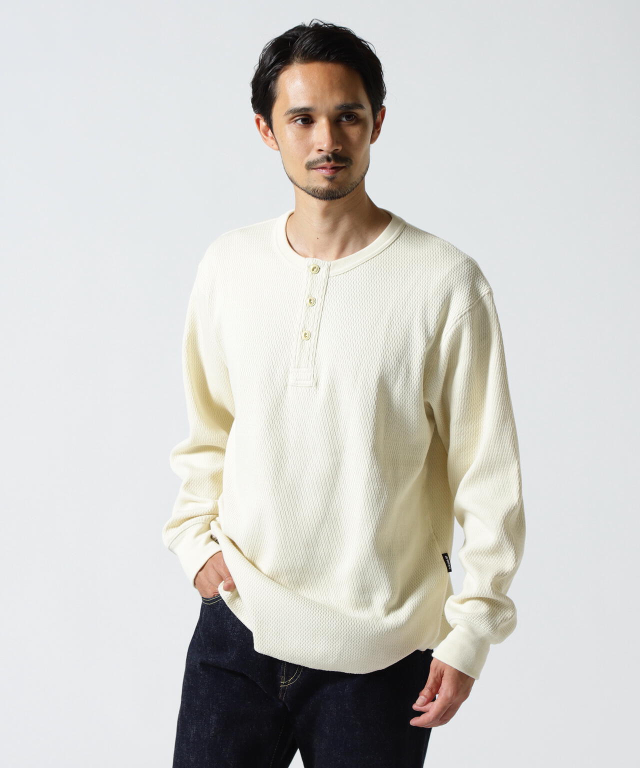 HONEYCOMB WAFFLE L/S HENLEY NECK T-SHIRT