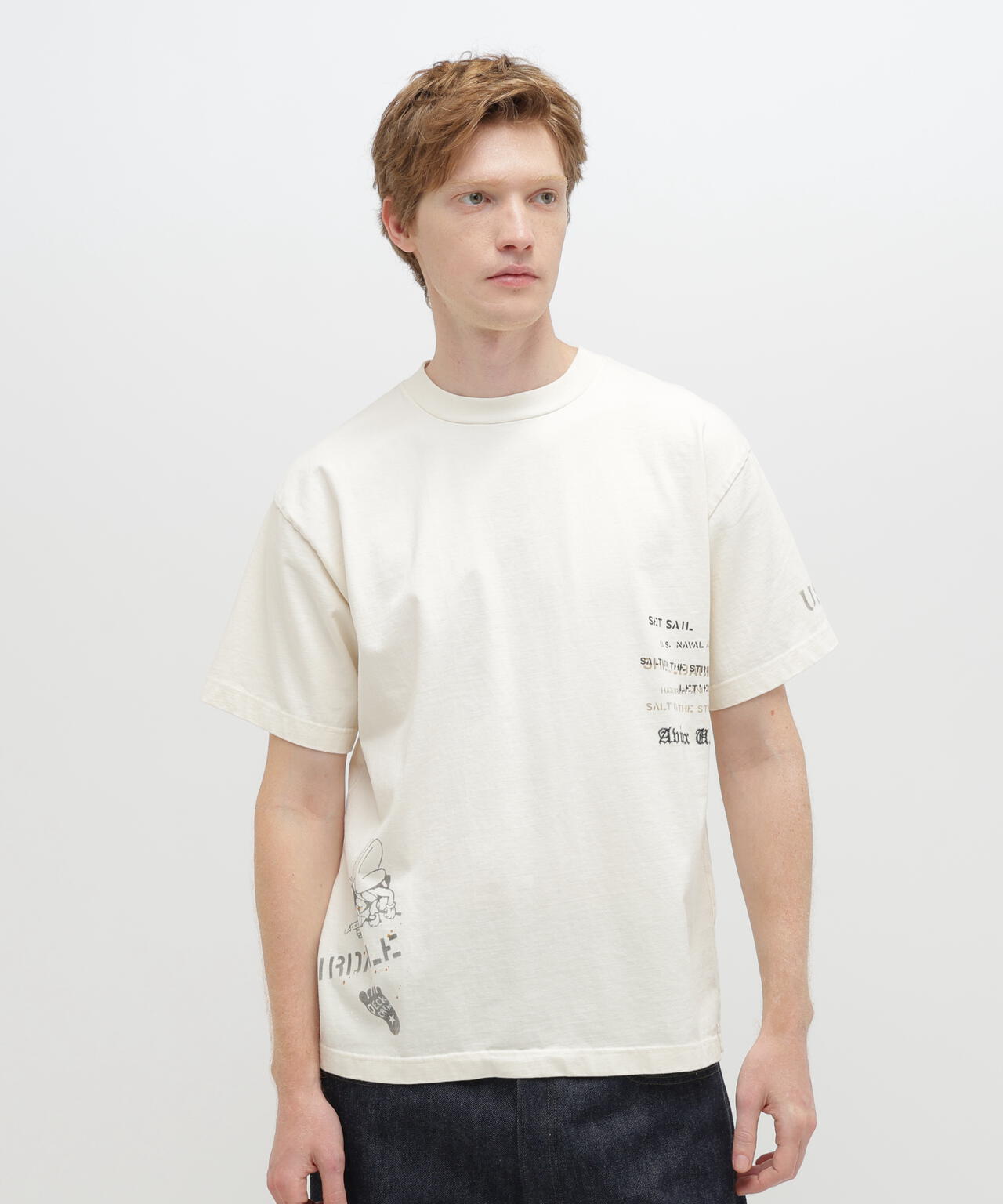 AGED-LOOK S/S NAVY STENCIL T-SHIRT
