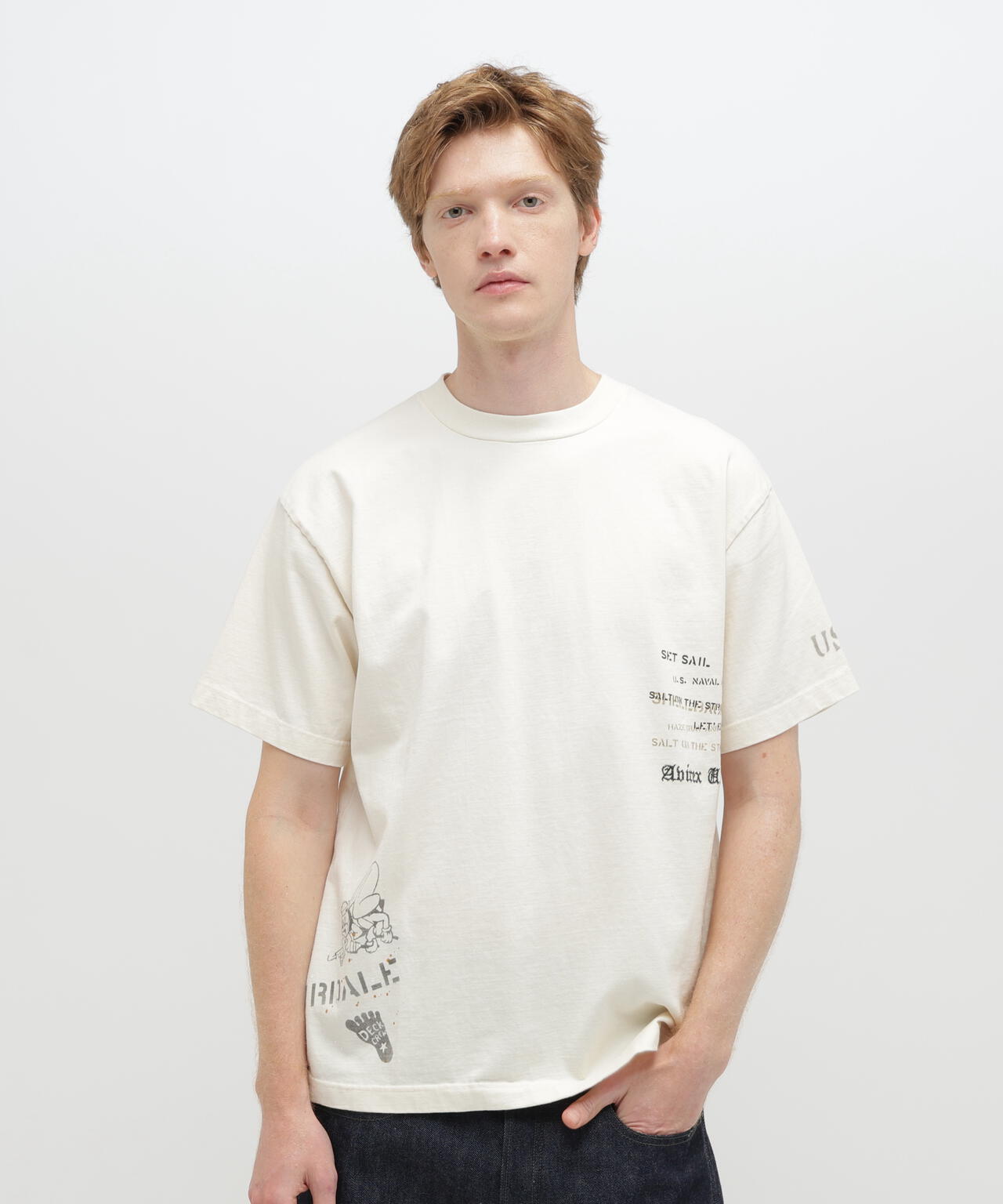 AGED-LOOK S/S NAVY STENCIL T-SHIRT