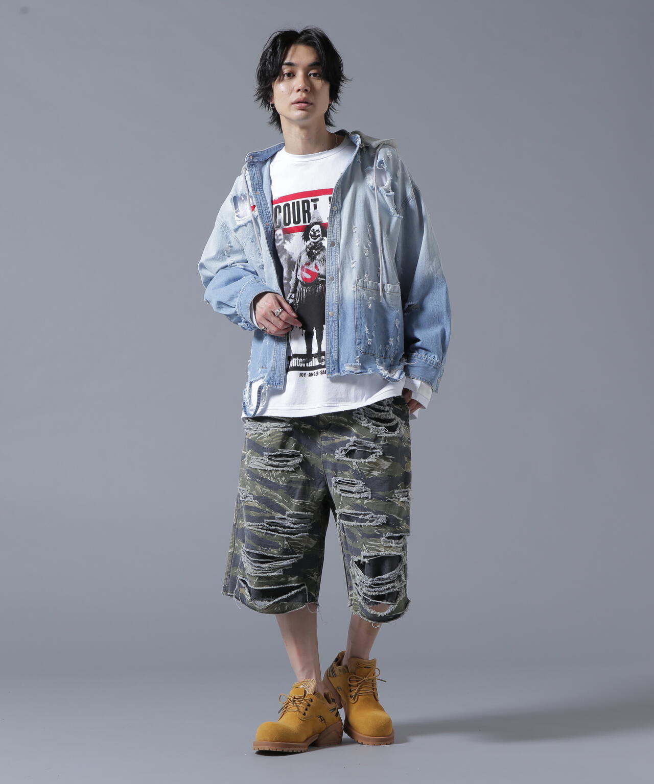 DankeSchon/ダンケシェーン/LAYER RIPSTOP CAMO & DENIM SHORTS
