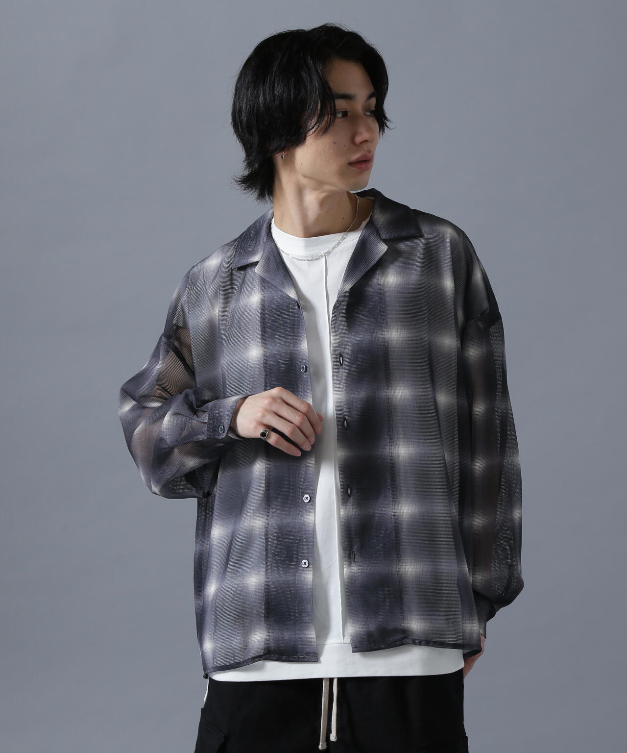 DankrSchon/ダンケシェーン/OMBRE CHECK MESH LONG SLEEVE SHIRT