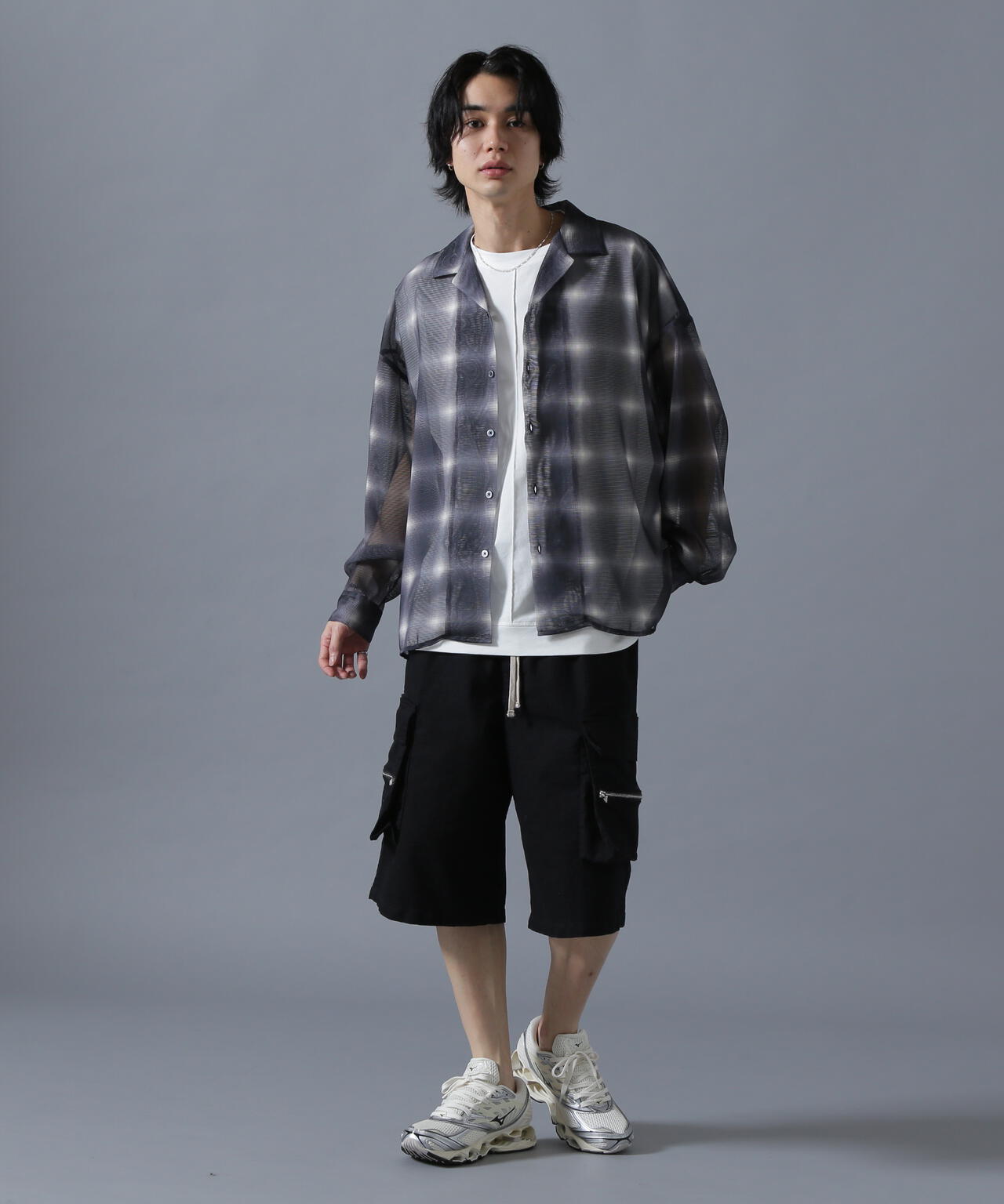 DankrSchon/ダンケシェーン/OMBRE CHECK MESH LONG SLEEVE SHIRT