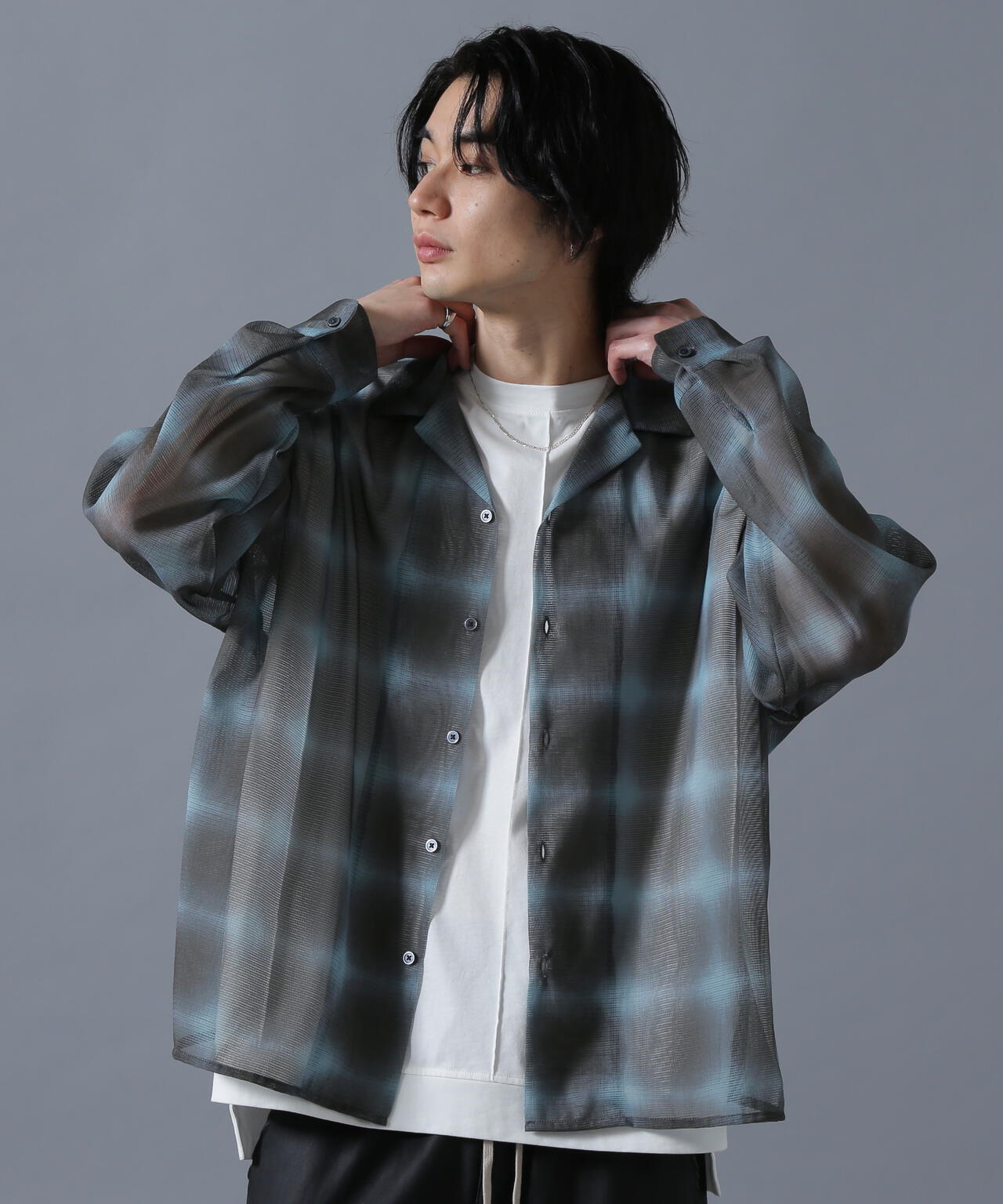 DankrSchon/ダンケシェーン/OMBRE CHECK MESH LONG SLEEVE SHIRT