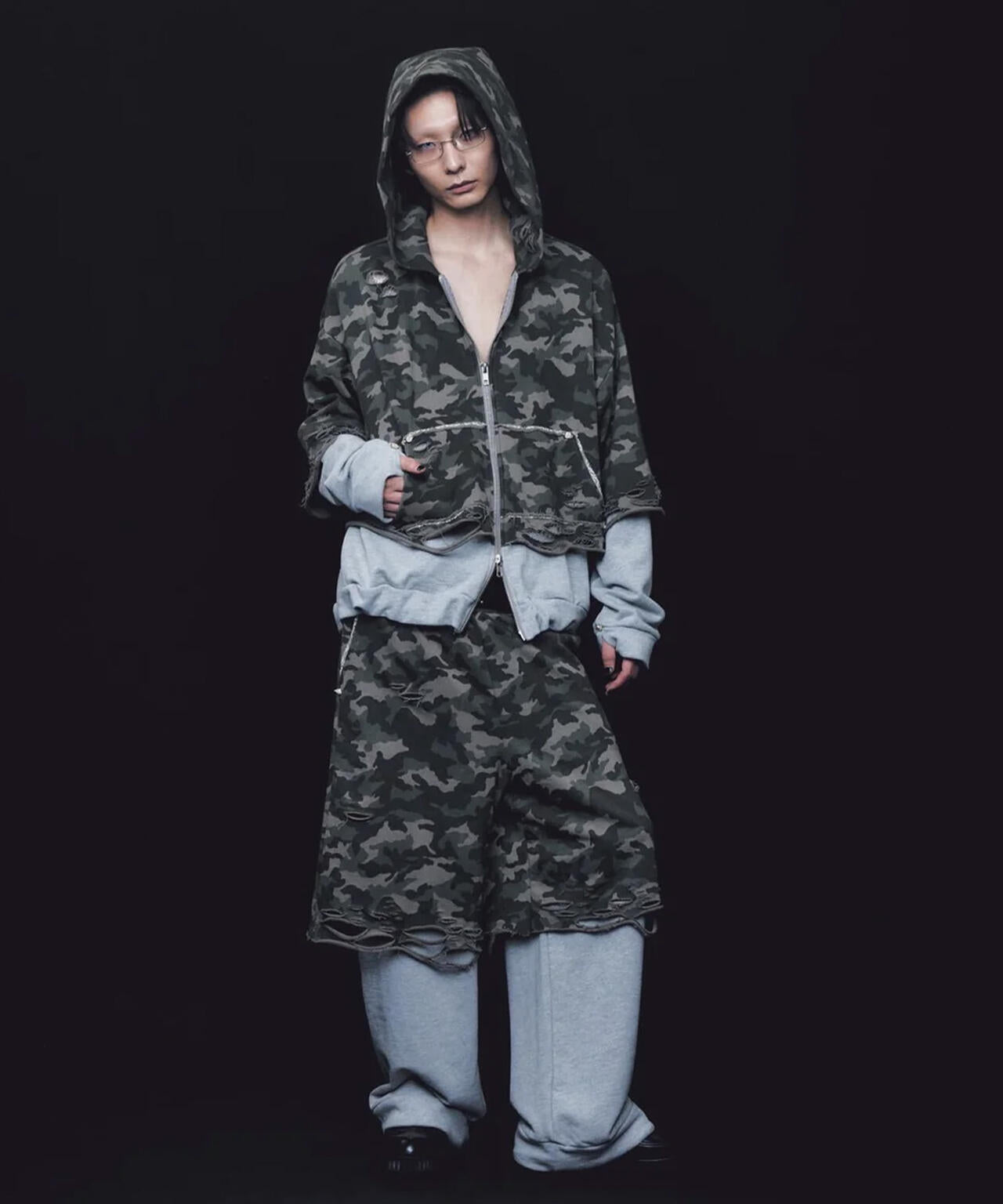 neith./ネイス/Layered Crush Hoodie(Camo×Gray)