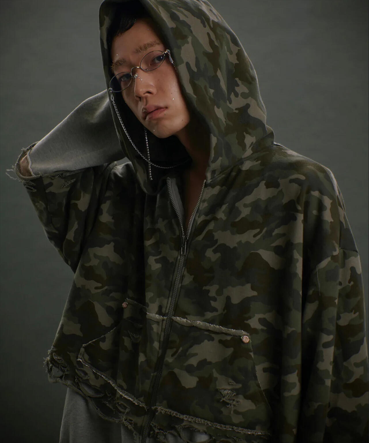 neith./ネイス/Layered Crush Hoodie(Camo×Gray)