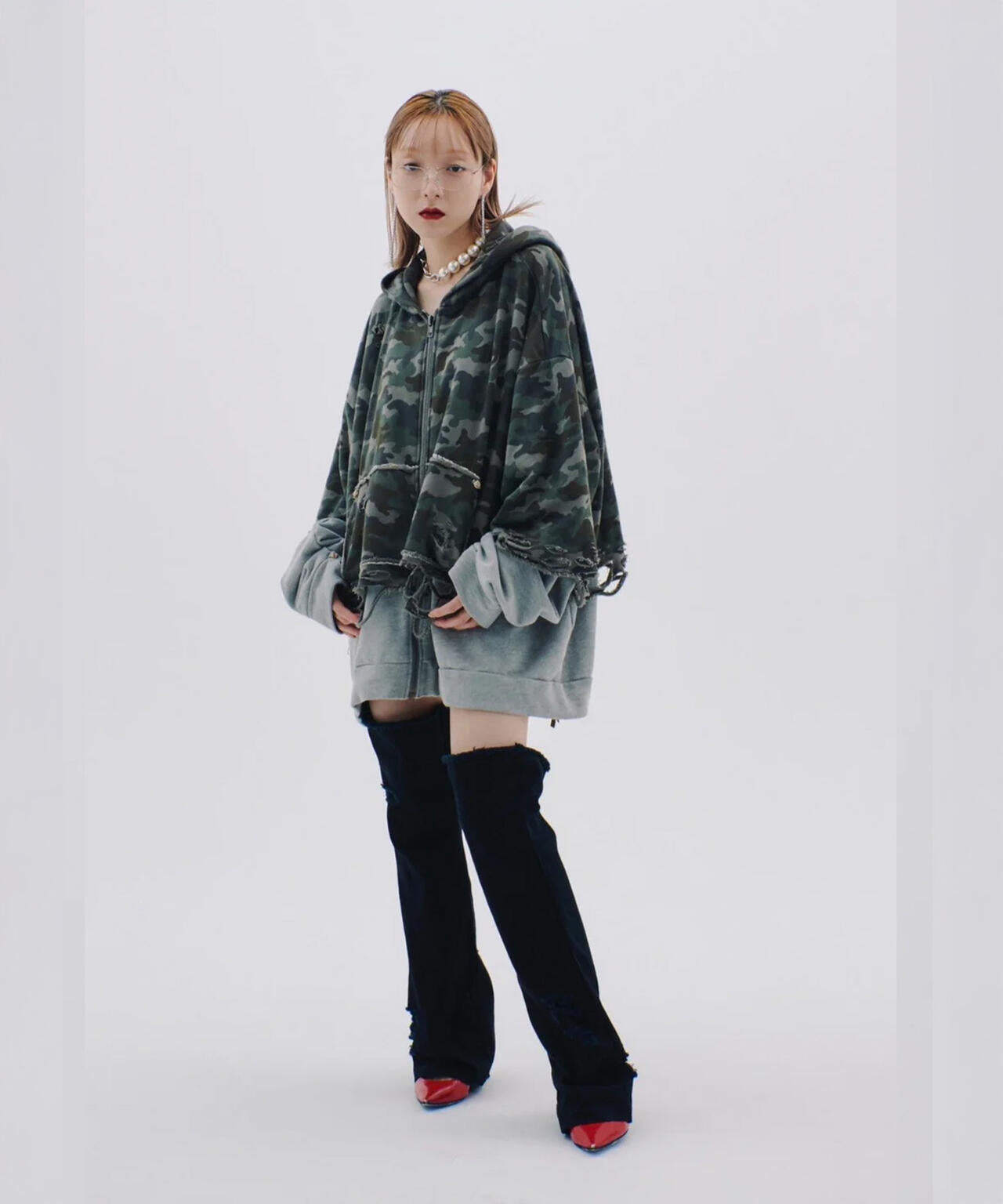 neith./ネイス/Layered Crush Hoodie(Camo×Gray)