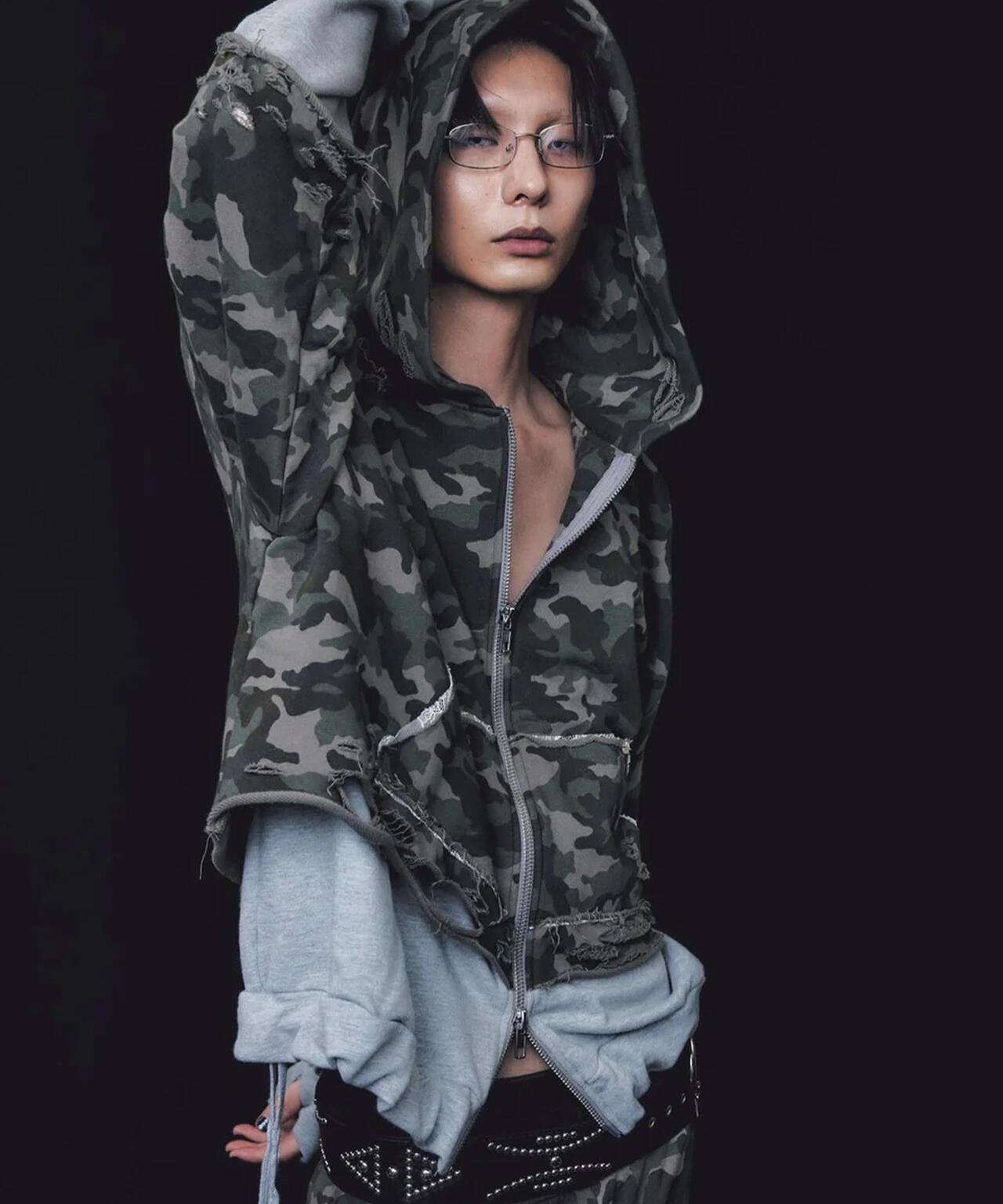 neith./ネイス/Layered Crush Hoodie(Camo×Gray)