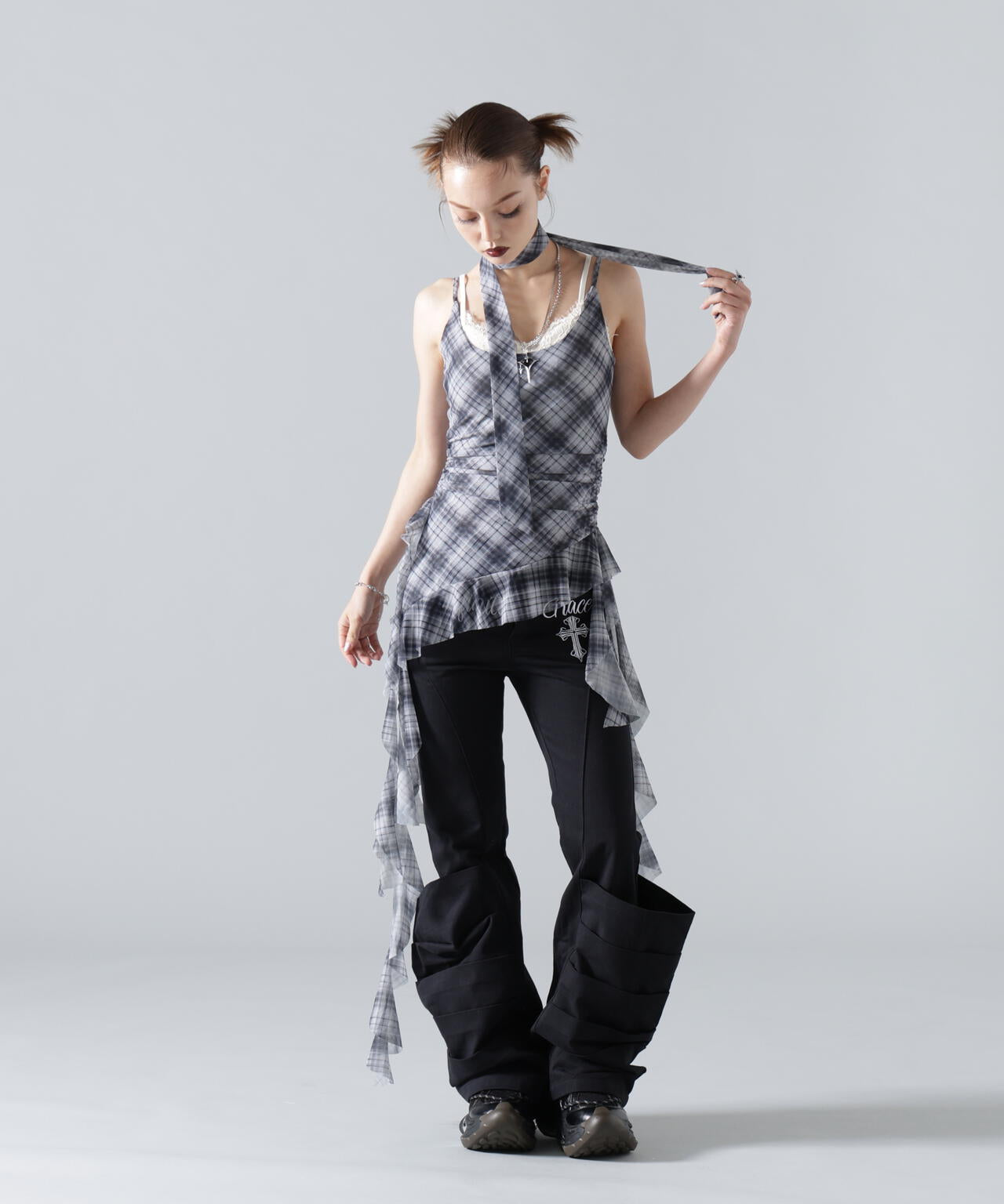 MAVYTH/メヴィス/ASYMMETRY FRILL CHECK TOP