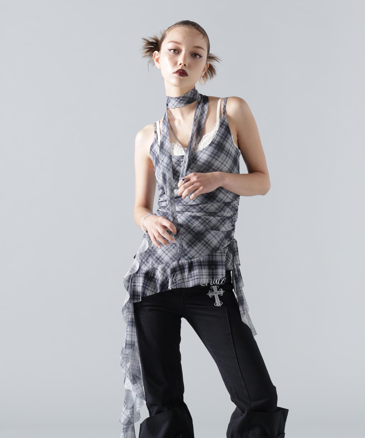 MAVYTH/メヴィス/ASYMMETRY FRILL CHECK TOP