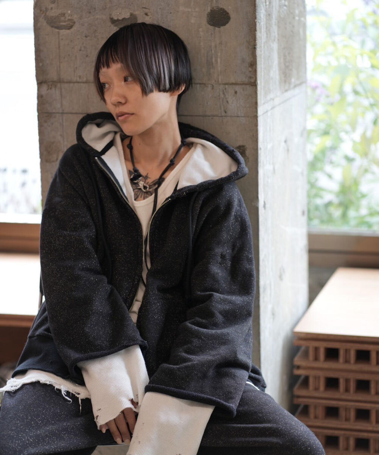 ANCELLM/アンセルム/LAYERED ZIP－UP HOODIE EX