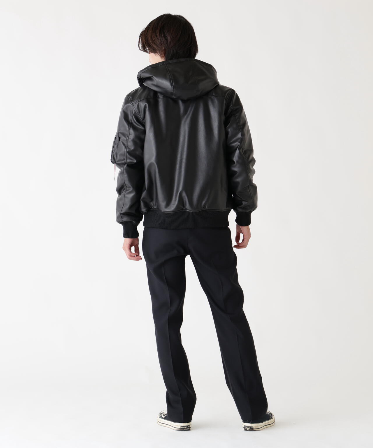 FAUX LEATHER HOODED RIB FLIGHT JACKET
