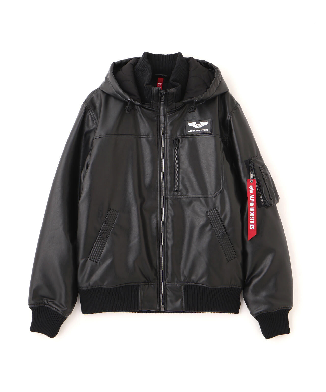 FAUX LEATHER HOODED RIB FLIGHT JACKET