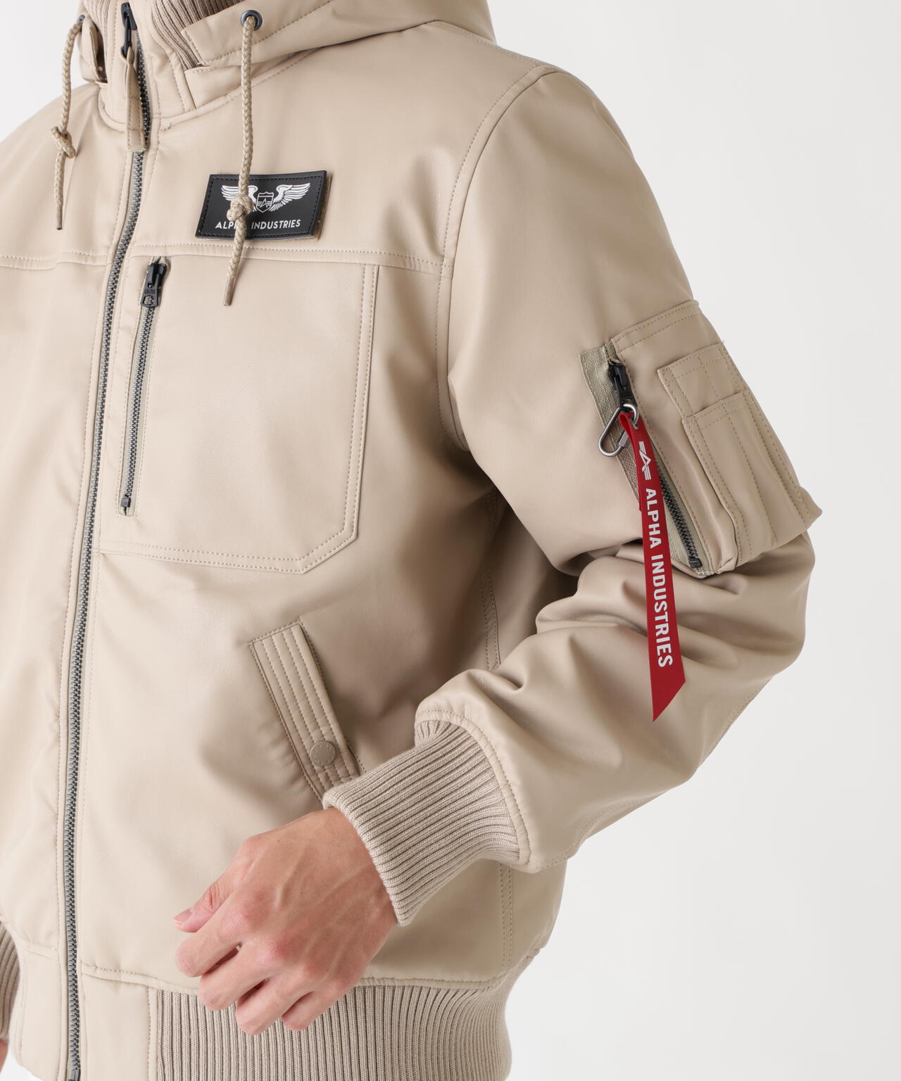 FAUX LEATHER HOODED RIB FLIGHT JACKET